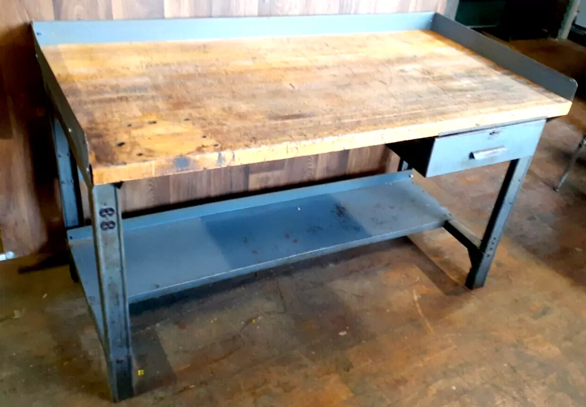 Vintage Work Bench Heavy Maple Wood Top Classic Metal legs 30 x 60 USA