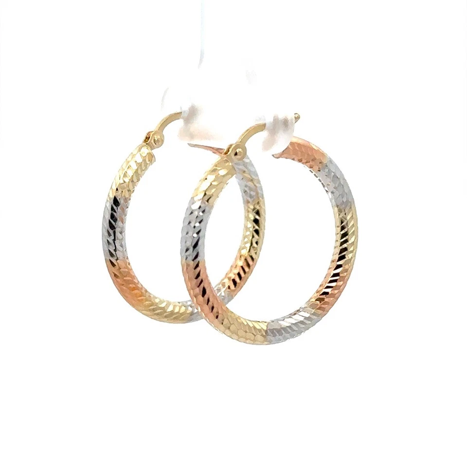 14K Rose Yellow & White Tri Color Gold Diamond Cut Finish Classic Hoop Earrings - Image 2 of 4