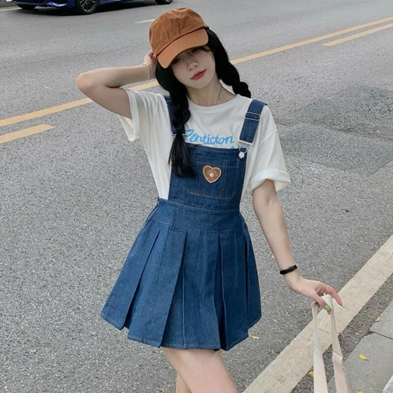 Japanese women girl dress denim jeans cute pleated short skirt College style