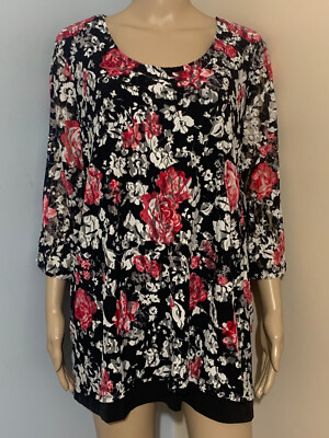 CATHERINES 2X WP 22/24 Black Pink White Lace KNIT TUNIC BLOUSE 3/4 Sl Back Pleat