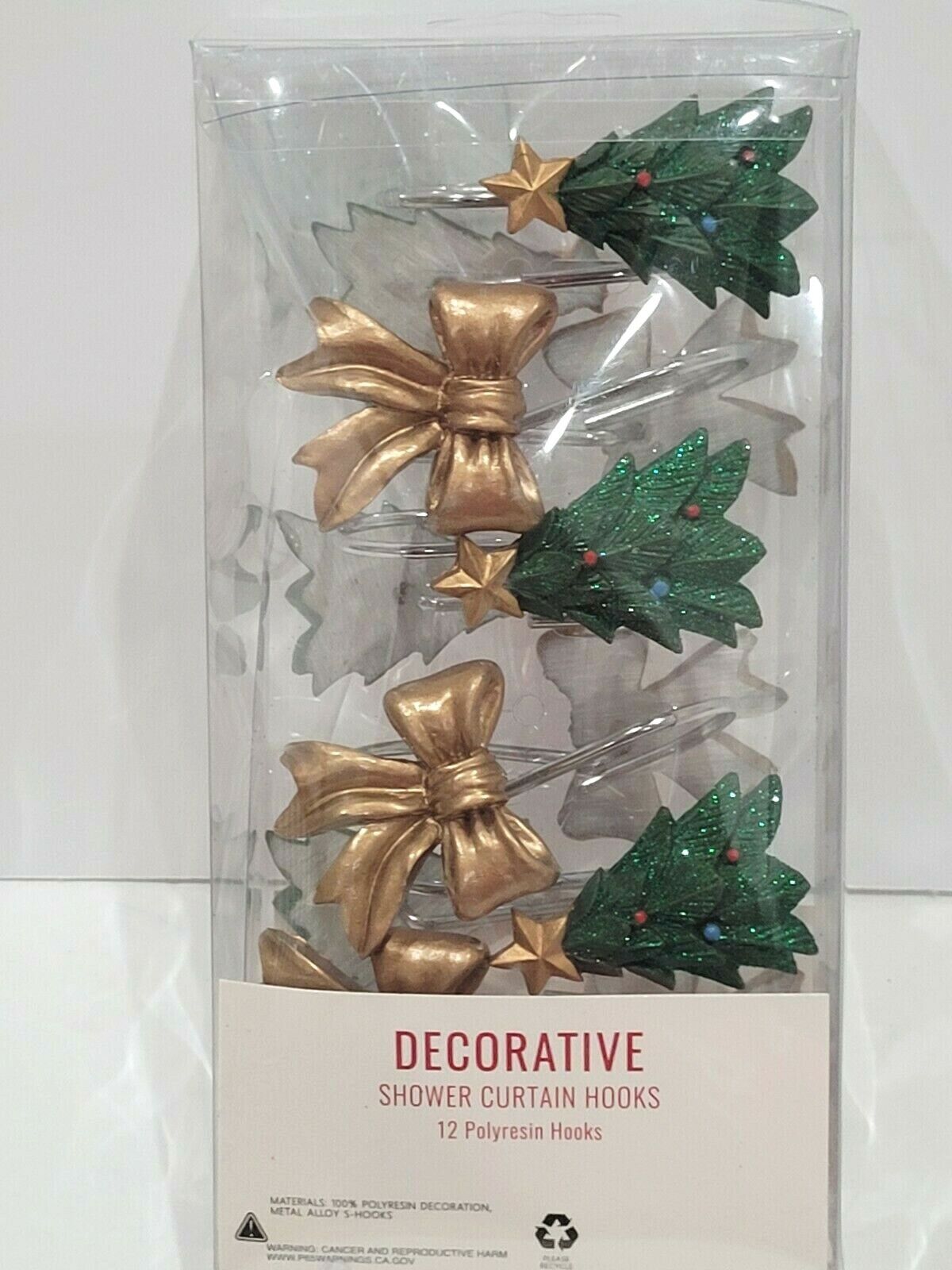 Christmas Holiday Decorative Tree Gold Bow 12 Shower Curtain Hooks Decor