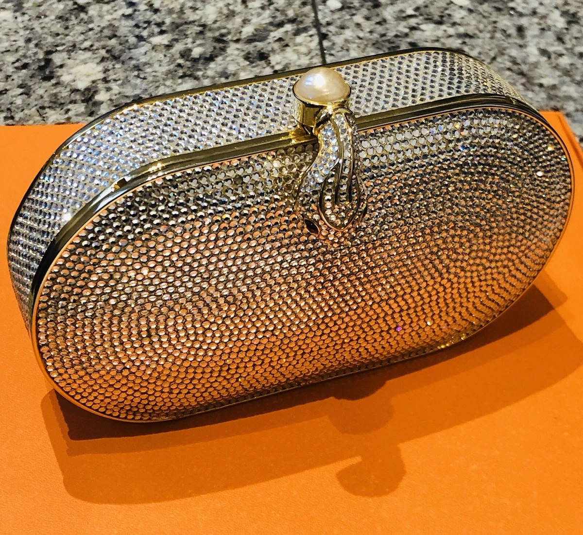 Judith Leiber Silver Tone Crystal Snake Minaudiere Clutch Bag