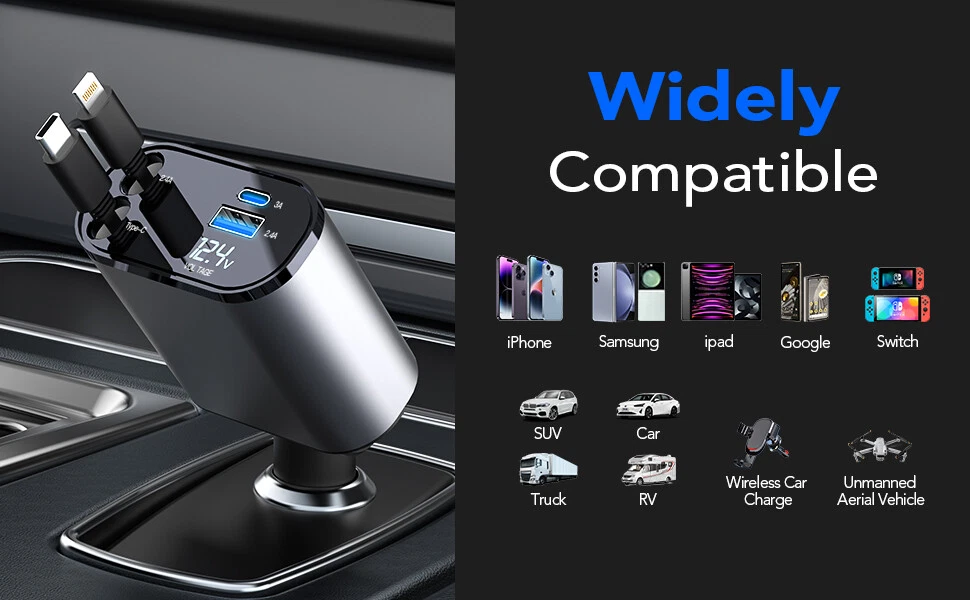 Retractable Car Charger 4 in 1 Fast Car Phone Charger 120W with USB Type C Cable Retractable Car Charger 4 in 1 Fast Car Phone Charger 120W with USB Type C Cable