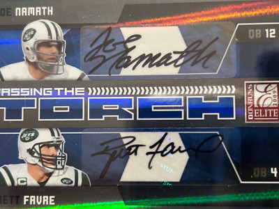 JOE NAMATH BRETT FAVRE 2009 Elite AUTOGRAPH Passing the TORCH Auto JETS 25/25!!