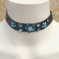 Vintage Chocker Necklace Victorian Revival Light Blue Flowers Dark Silver Mesh