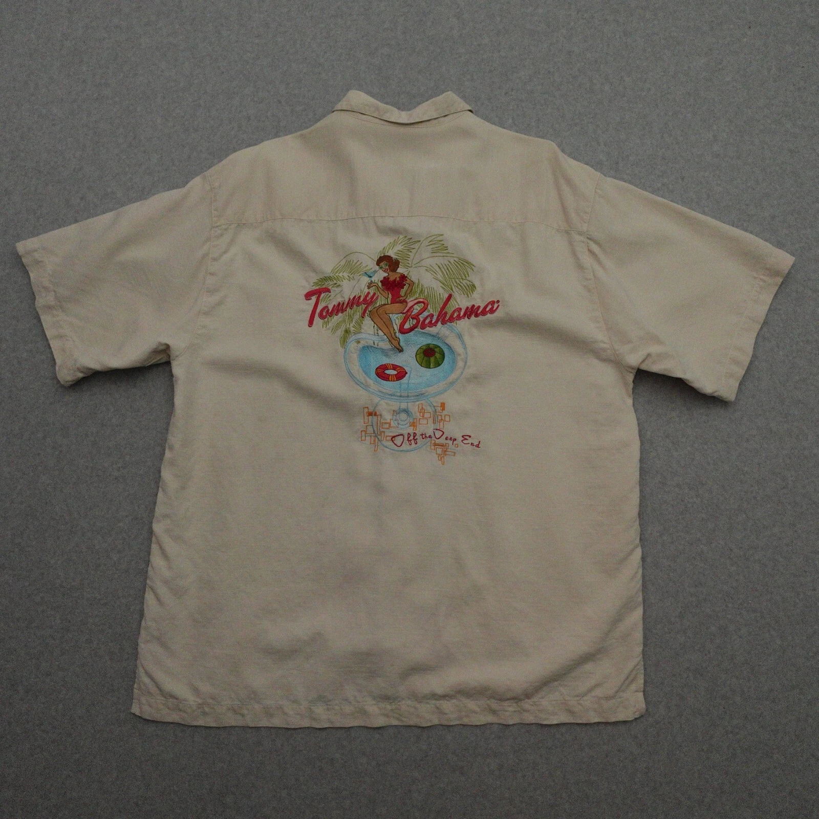Tommy Bahama Shirt Mens XL Beige Silk Hawaiian Camp Off The Deep End 29x23