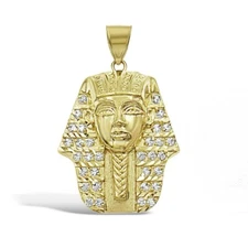 10k Yellow Gold Egyptian Pharaoh King Pendant Mens Iced Out CZ Charm 1.6 inch