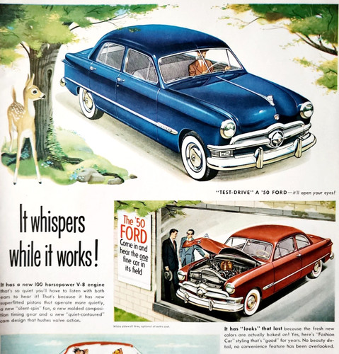 1950 Ford Custom 4 Door Advertisement Automobile Whispers While It Works Vintage