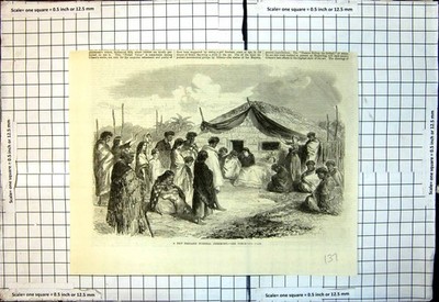 Original Old Antique Print New Zealand Funeral Ceremony Natives 1866 Victorian