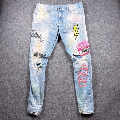 Smoke Rise Distressed Graffiti Slim Jeans Mens 36x32 Light Blue Tokyo Streetwear