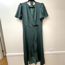 Green V Neck Faux Wrap Silky Midi Dress With Belt Medium