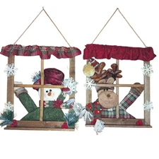 2 Primative Christmas Holiday Peaking Reindeer Snowman Wall Hanging Window Decor