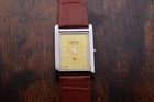 vintage Seiko Slim Tank Quartz Men Yellow Dial Light Brown leather Dress Watch