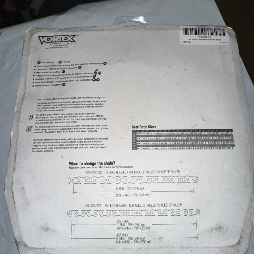 Vortex Racing 825ZK-40 - 40 tooth 530 Rear Sprocket: CAT5 Aluminum Black - Image 2 of 4