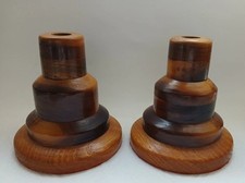 Vtg Pair MCM Solid Wooden Hand Turned Chunky Triple Pillar Candle Holders 5  