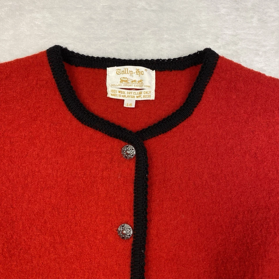 Cardigã vintage Tally-Ho lã cozida Cottagecore vermelho preto tiroleso 14 - Imagem 3 de 4