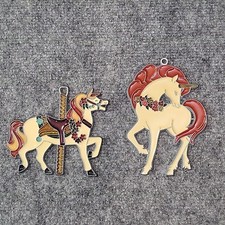 Vintage Stained Glass Unicorn Suncatcher Ornament Lot of 2 Carousel Flowers