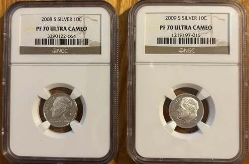 2008 & 2009 S ROOSEVELT SILVER 10c / DIMES NGC PF70 ULTRA CAMEO