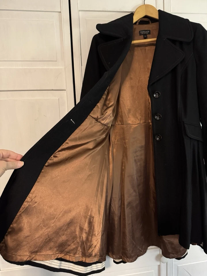 TOPSHOP Princess Fit and Flare Wool Blend Riding Coat Black Size US 8 Gorgeous - Image 2 of 4