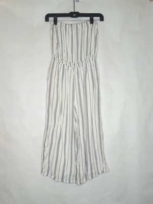 Hem & Thread Women Romper Sz Small White Blue Striped Strapless Cropped Cotton