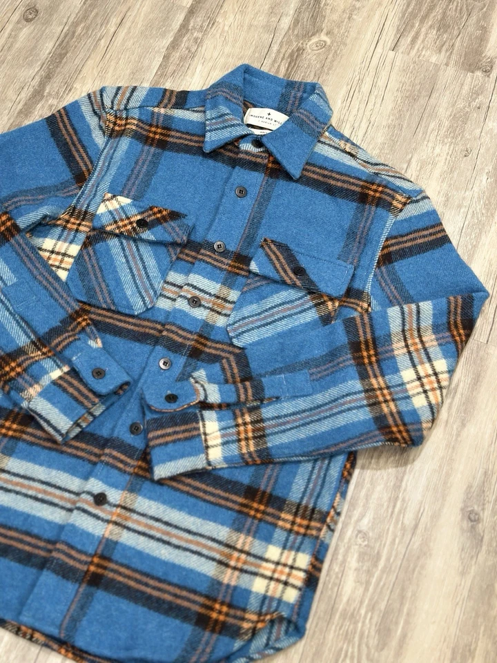 Imogene + Willie Hall CPO Plaid Wool Overshirt Shacket Teal Orange Mens Size M - Image 3 of 4