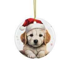 Hanging Ceramic Christmas Tree Ornament - Great Pyrenee Puppy Drawing Design