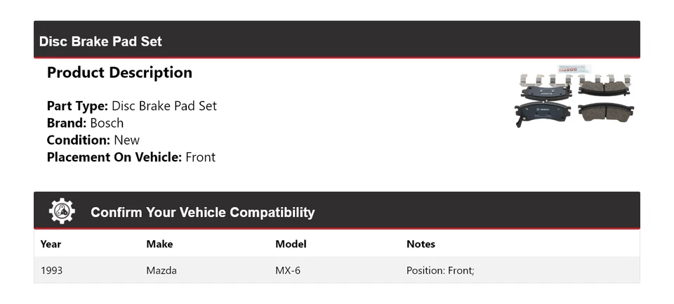 For 1993 Mazda MX-6 Bosch QuietCast Semi-Metallic Brake Pads Front Foto 2 de 4