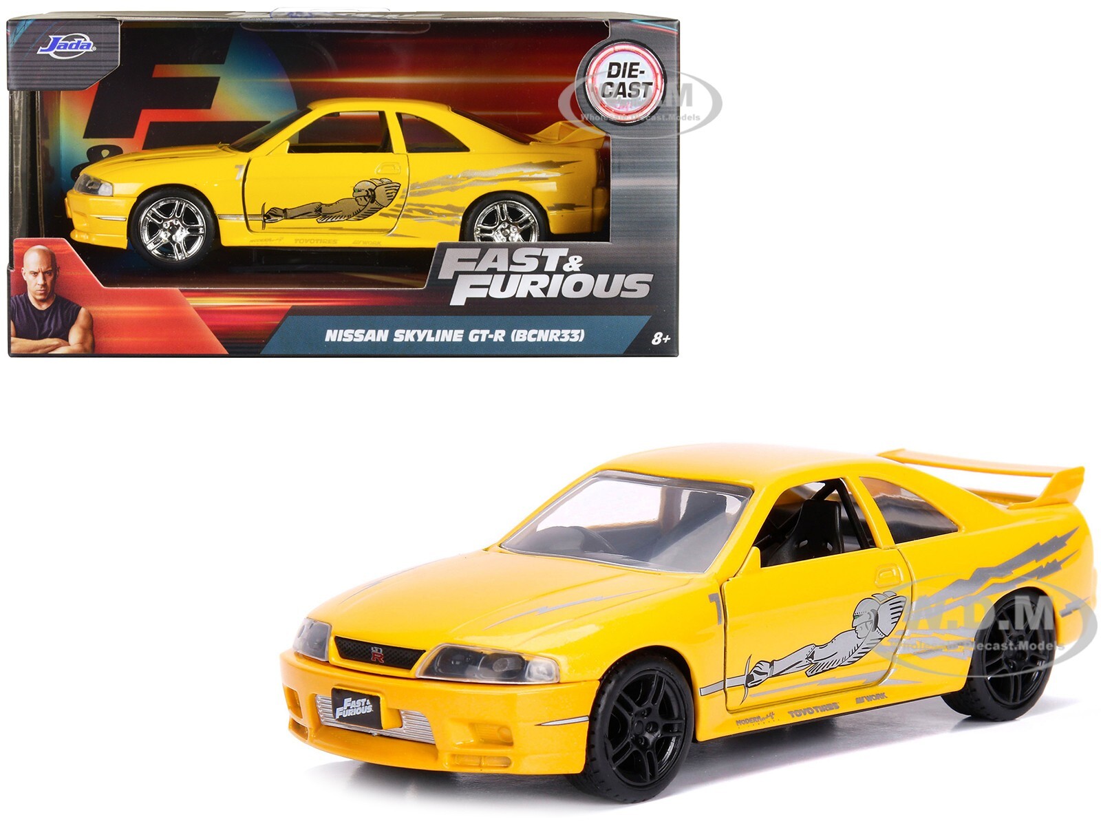 LEON'S NISSAN SKYLINE GT-R BCNR33 YELLOW FAST & FURIOUS 1/32 DIECAST JADA 99515