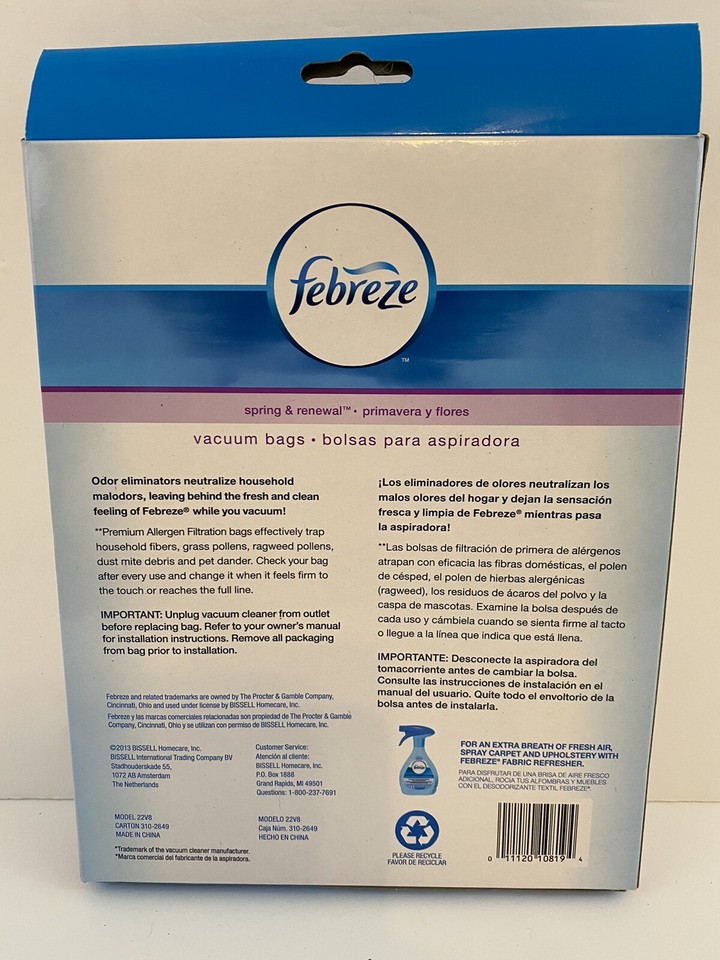 Hoover Y Vacuum Bag Model 22V8 Febreeze Spring & Renewal Allergen