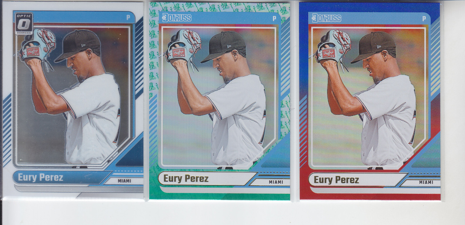 (3) 2024 Donruss Eury Perez Optic + Liberty Foil + Red Blue Marlins #19