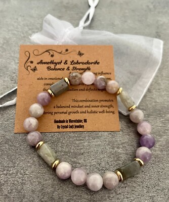 AMETHYST & LABRADORIT Stretch Armband Handarbeit Kristall Edelstein zum Ausgleich