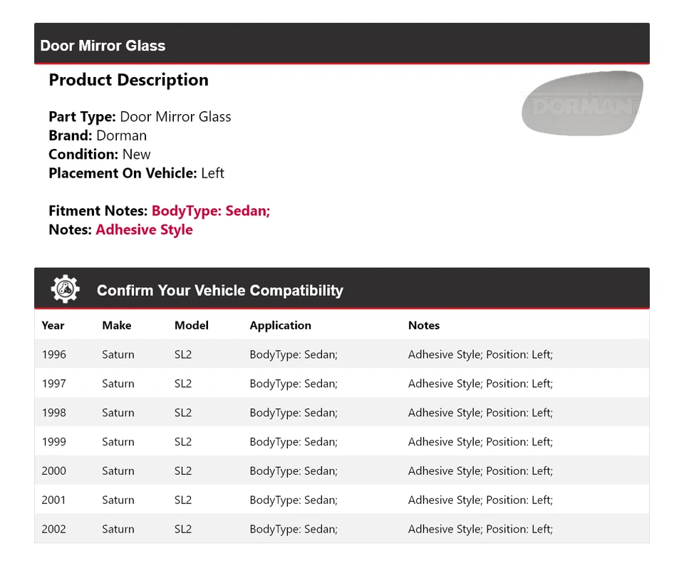 For 1996-2002 Saturn SL2 Sedan Dorman Door Mirror Glass Left 1997 1998 1999 2000 - Image 2 of 4