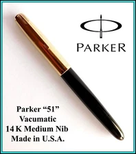Vintage PARKER VACUMATIC 51 Fountain Pen - BLACK 14K Nib MEDIUM - Ready to Use