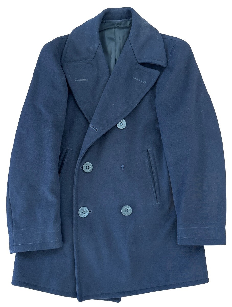 Vintage Navy Overcoat Mans Wool Melton Double Breated Peacoat Mens