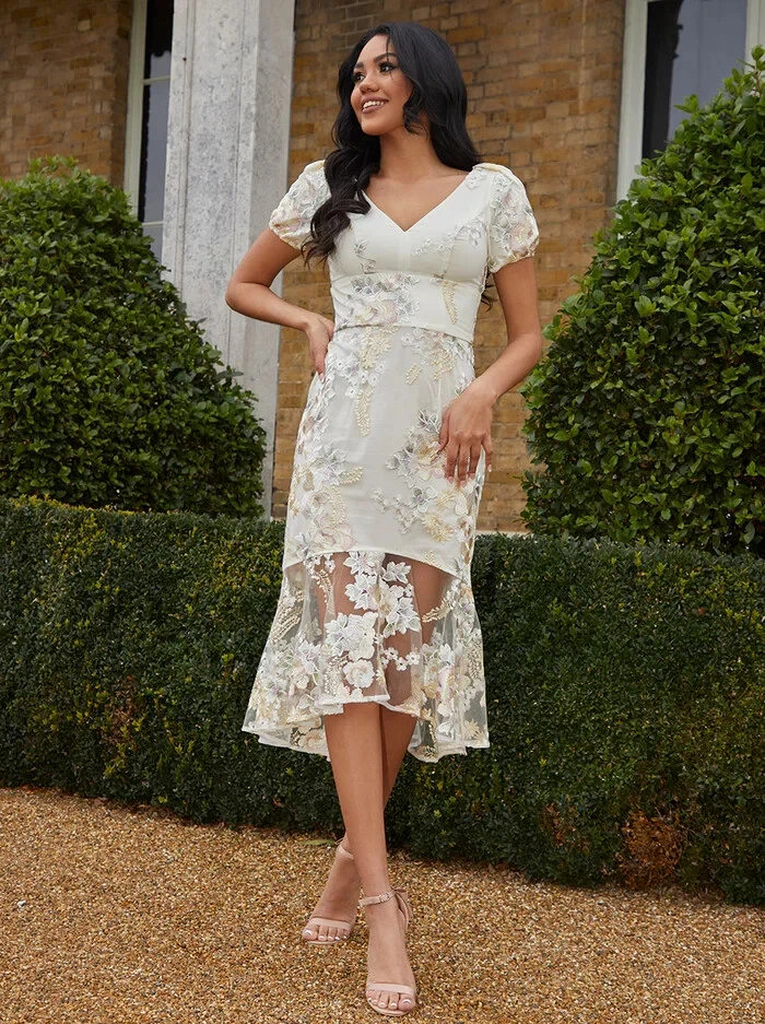 Chi Chi London BNWT Embroidered Short Sleeve Midi Dress Yellow