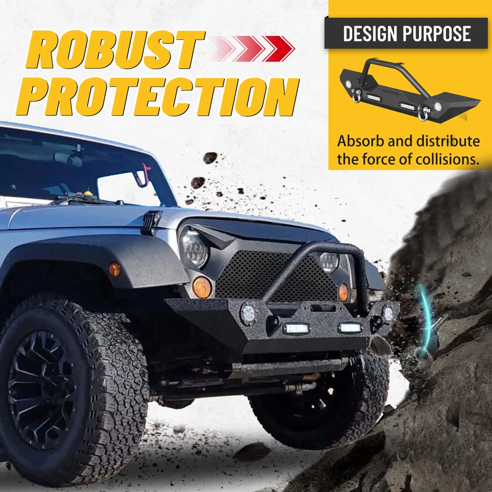 Parachoques delantero con placa de cabrestante y luces para Jeep Wrangler JK JL Gladiator JT 07-24 Foto 4 de 4