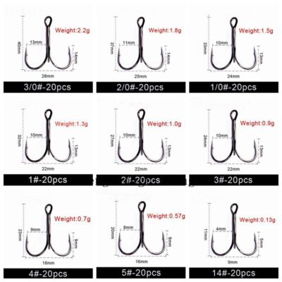 20pcs Black Fishing Hook Sharp Treble Hooks Size 2 4 6 8 10 12 14 1/0 2/0 3/0 