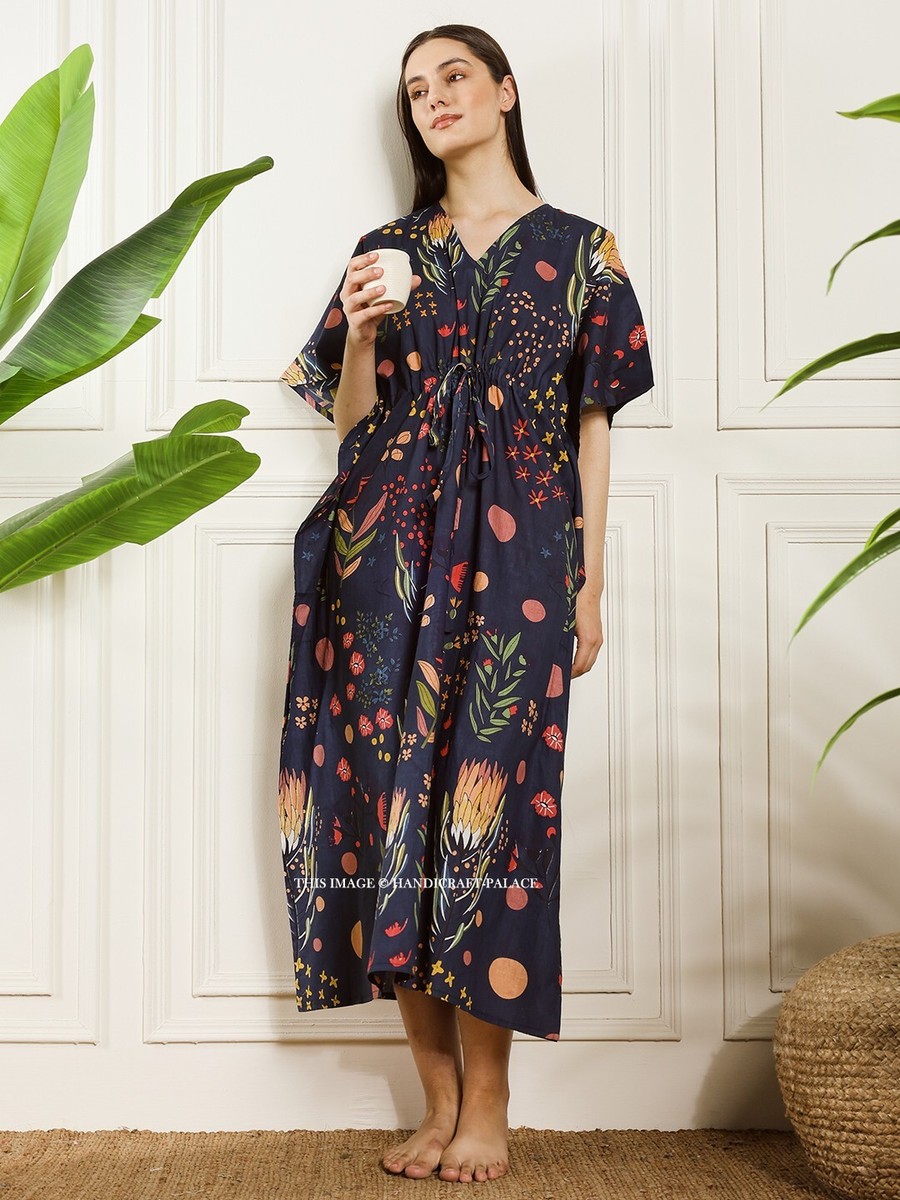 white christmas dresses Pink Hand Block Printed Cotton Maxi Kaftan Dress main image 1
