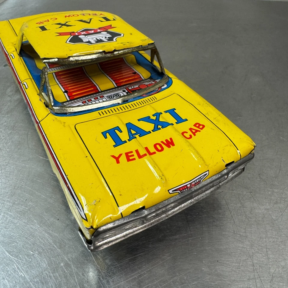 Vtg c.1950s YELLOW CAB Taxi Tin Toy - Made in Japan - 7.25" - Image 3 of 4