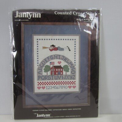 Vtg  Janlynn Bugle Boy Sampler 50-919 Counted Cross Stitch Kit 1987 11 x 14 NOS