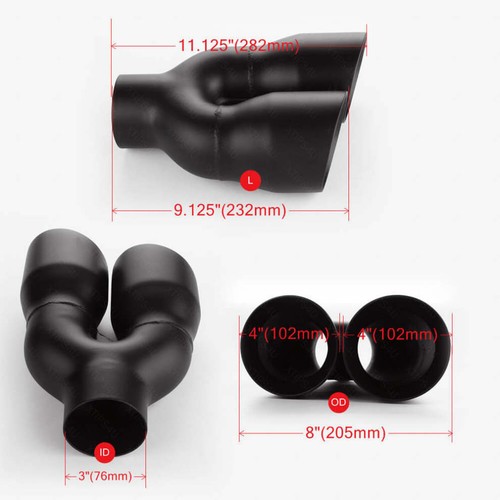 Pair Black Exhaust Tips 3" Inlet Quad 4" Out Staggered Angle Cut Dual Wall - Picture 6 of 6