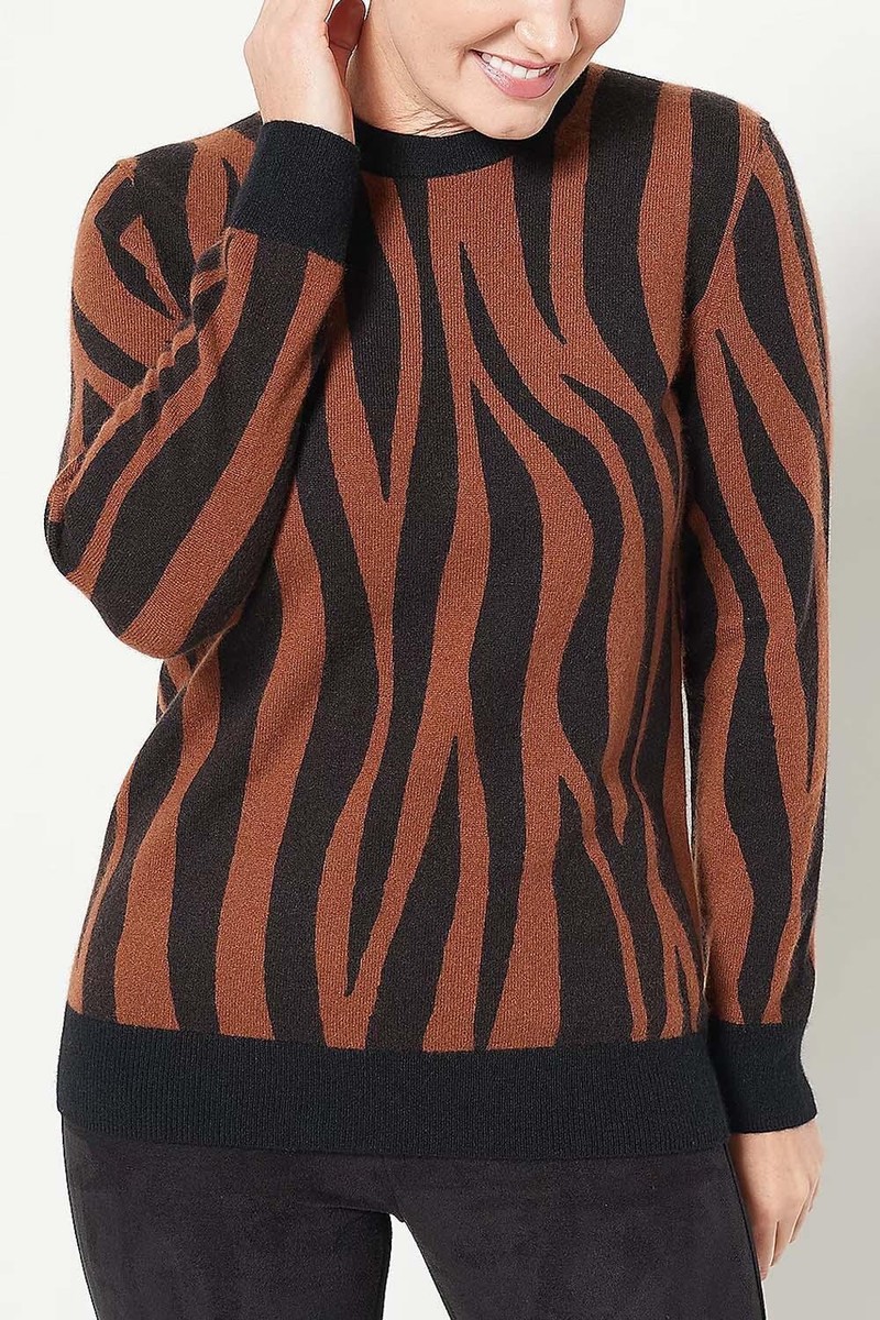 Soft by Naadam 100% Cashmere Zebra Printed Pullover Sweater Brown