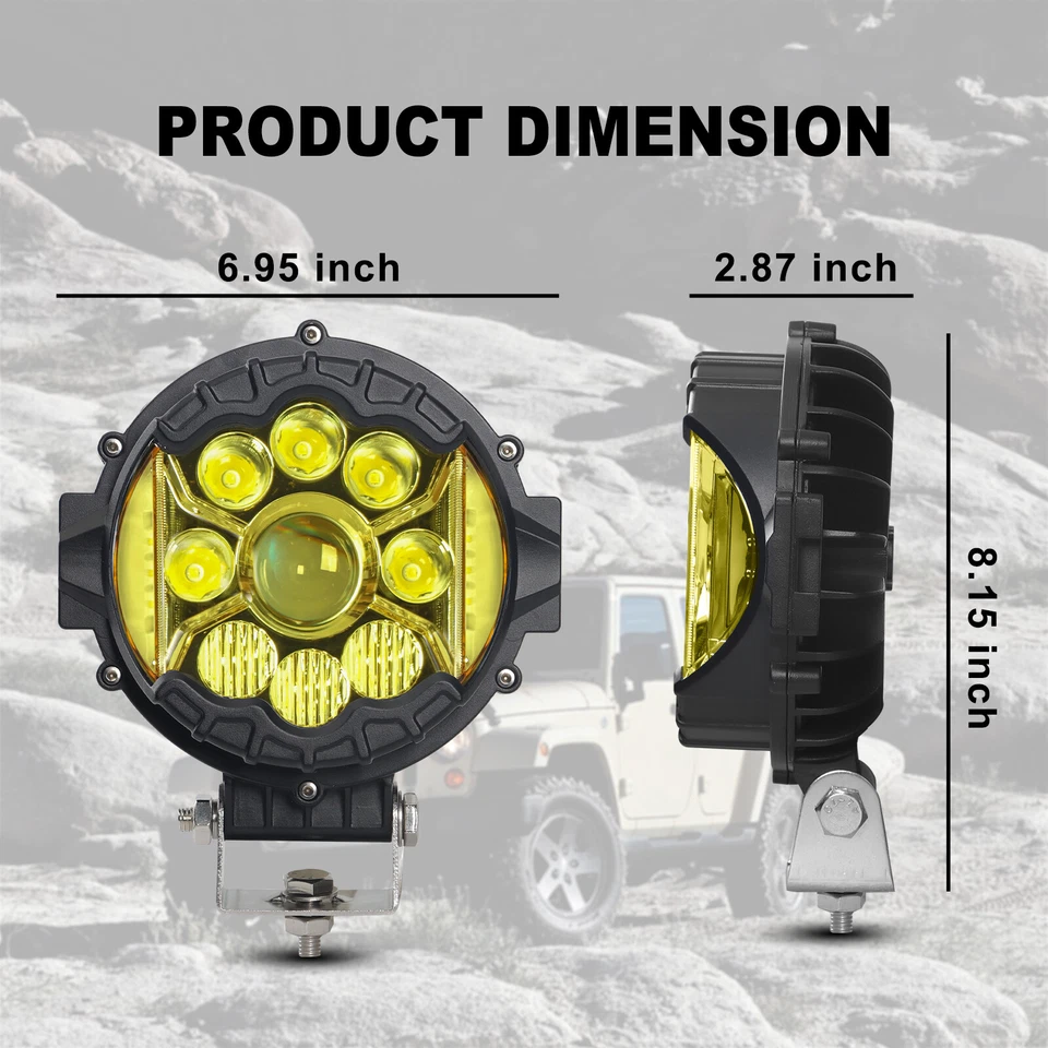 6x Round 7" LED Work Light Bar Amber Fog Pods For Jeep Wrangler JK TJ CJ7 J10 JT - Image 2 of 4