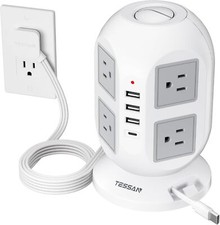 Tower Power Strip Surge Protector Flat Plug Extension Cord 1 Built-in USB Cable