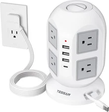 Tower Power Strip Surge Protector Flat Plug Extension Cord 1 Built-in USB Cable