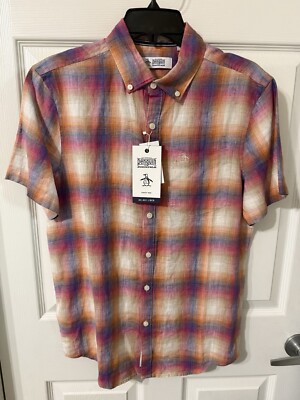 Original Penguin Linen Delave Plaid Short Sleeve Woven Shirt (Size S).