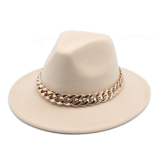 Women's Ladies Wide Brim Fedora Hats with Gold Chain Felt Panama Hat Jazz Caps - Picture 5 of 17
