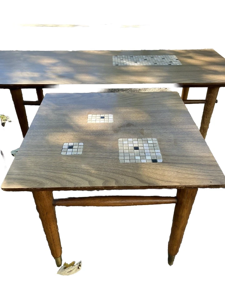 3 piezas Juego de mesas de café y auxiliares de mosaico largo de madera y azulejos MCM 50s 60 vintage Foto 3 de 4