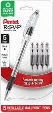 Pentel RSVP Ballpoint Pen, 1.0mm , Medium Line, Black Ink, Pack of 5 BK91BP5A 