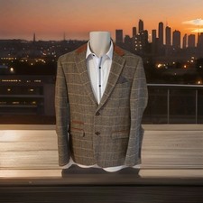 MARC DARCY DX7 MENS SLIM FIT TAN SUIT JACKET BLAZER TWEED CHECK ELBOW PATCH 38R